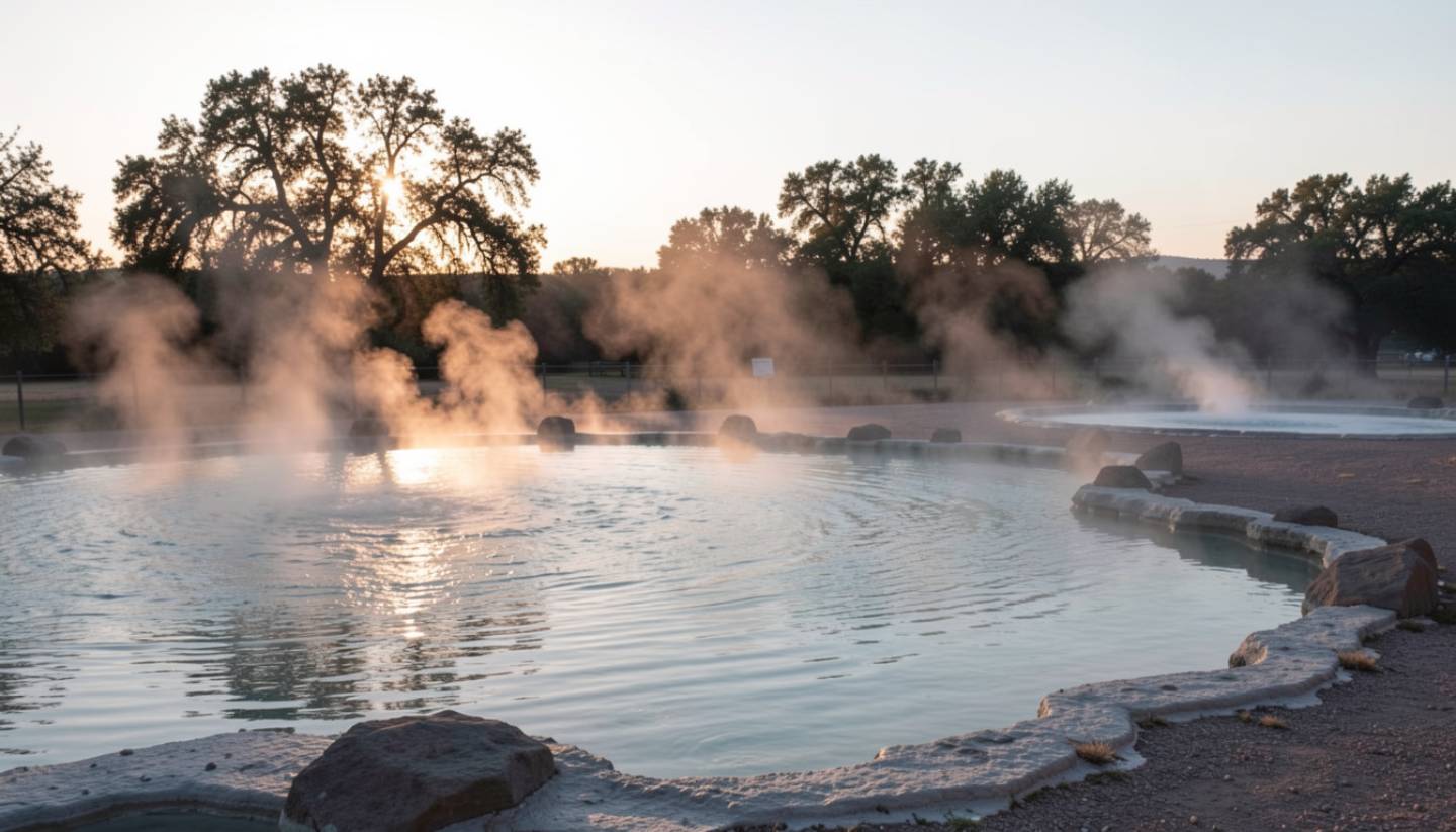 Early morning geothermal mineral pool in Calistoga with steam rising and oak trees nearby.