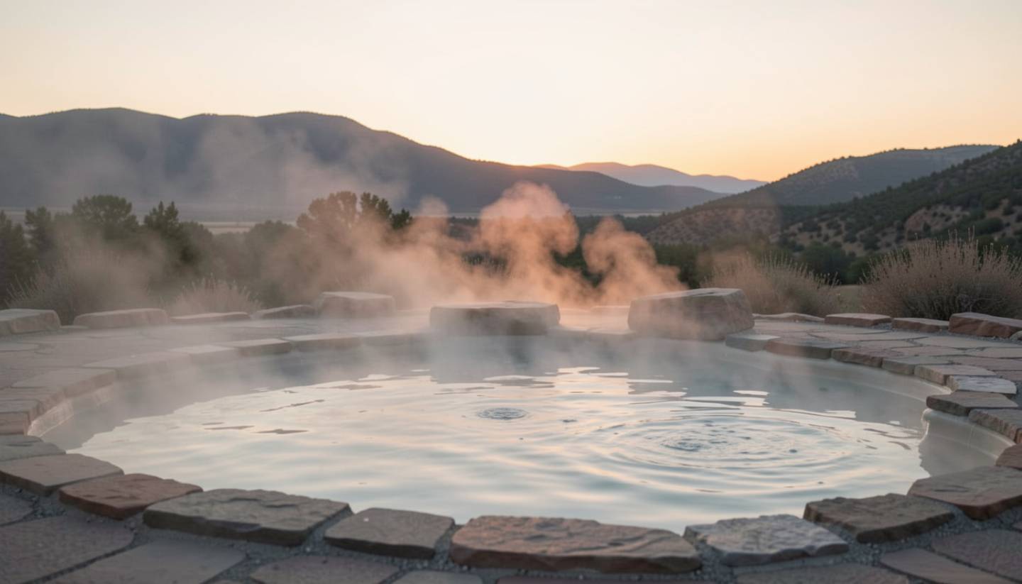 Steam rising from an outdoor geothermal mineral pool in Calistoga, Napa Valley, during a quiet morning, illustrating a cold plunge and spa circuit experience.