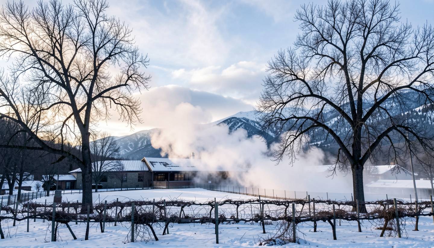 Steam rising from geothermal hot springs in Calistoga during winter, with Mount St. Helena and dormant Napa Valley landscape in the background.