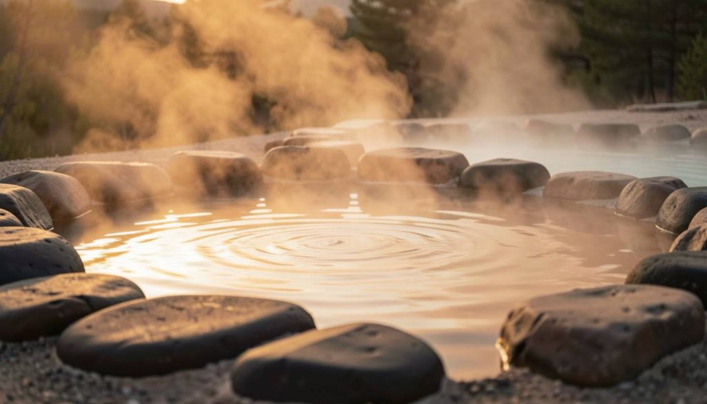 Steaming geothermal mineral pool in Calistoga Napa Valley, illustrating a wellness and relaxation experience.