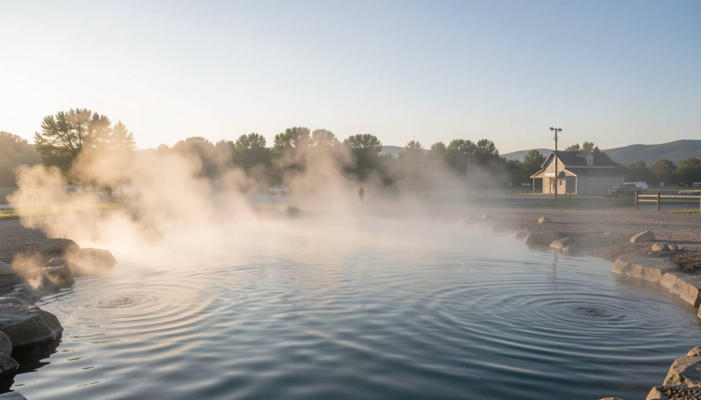 Early morning steam rising from a quiet mineral hot spring in Calistoga, Napa Valley, surrounded by cool air and natural landscape with no resort features visible.