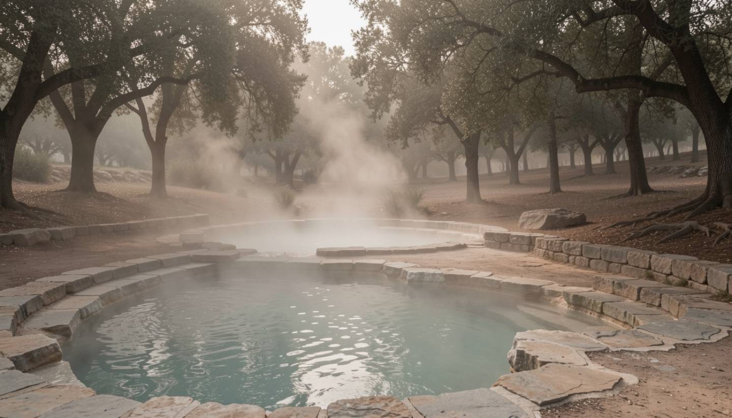Geothermal mineral pool in Calistoga, Napa Valley with steam rising among trees and stone, creating a calm wellness setting.