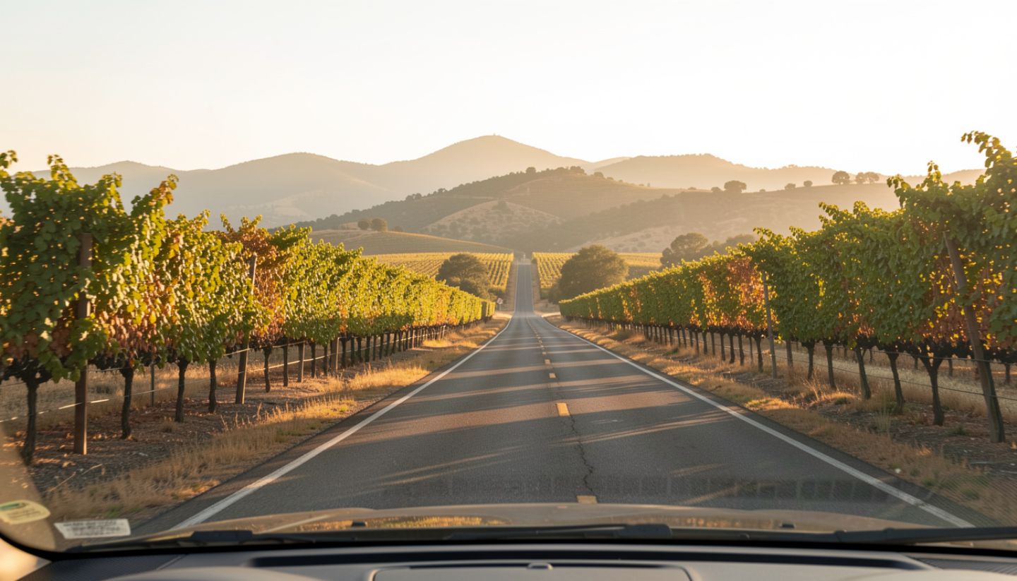Late afternoon drive near Calistoga with the road narrowing slightly, hills rising ahead, and warm golden light reflecting off vineyard leaves. The destination feels close but unhurried.