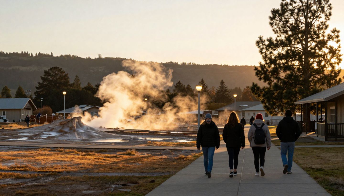 People walking through Calistoga, Napa Valley, during late afternoon light with hills in the background.