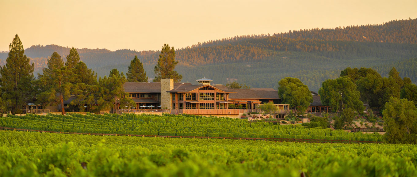 Wellness resort in Calistoga surrounded by vineyards and forested hills under natural light.