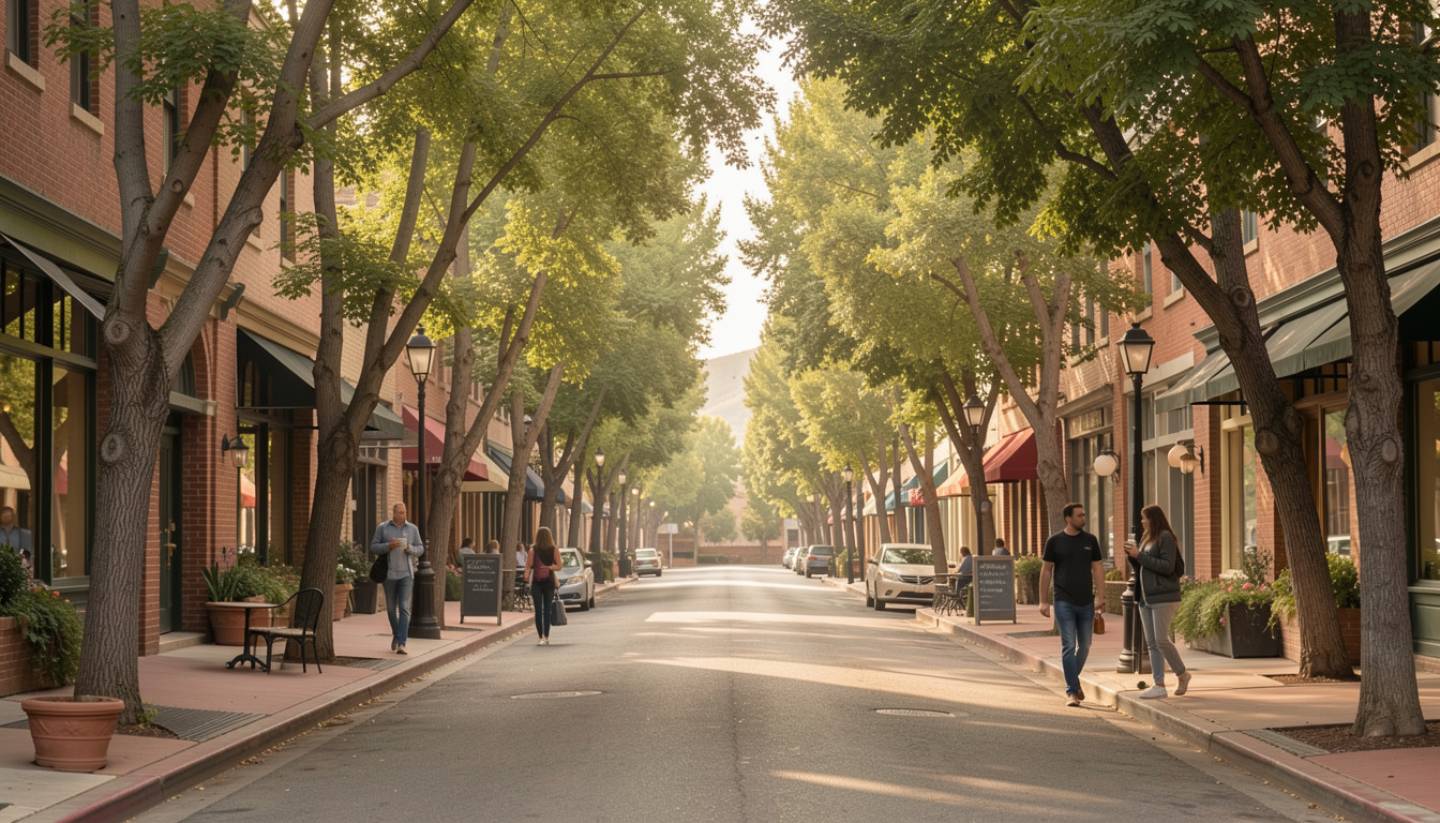 People walking through Downtown Napa on a sunny morning with tasting rooms and historic buildings nearby.