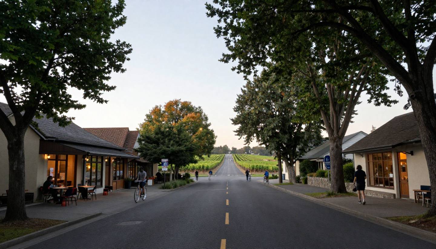 Walkable street in Yountville Napa Valley with trees, tasting rooms, and vineyard views, showing a relaxed car free travel experience.