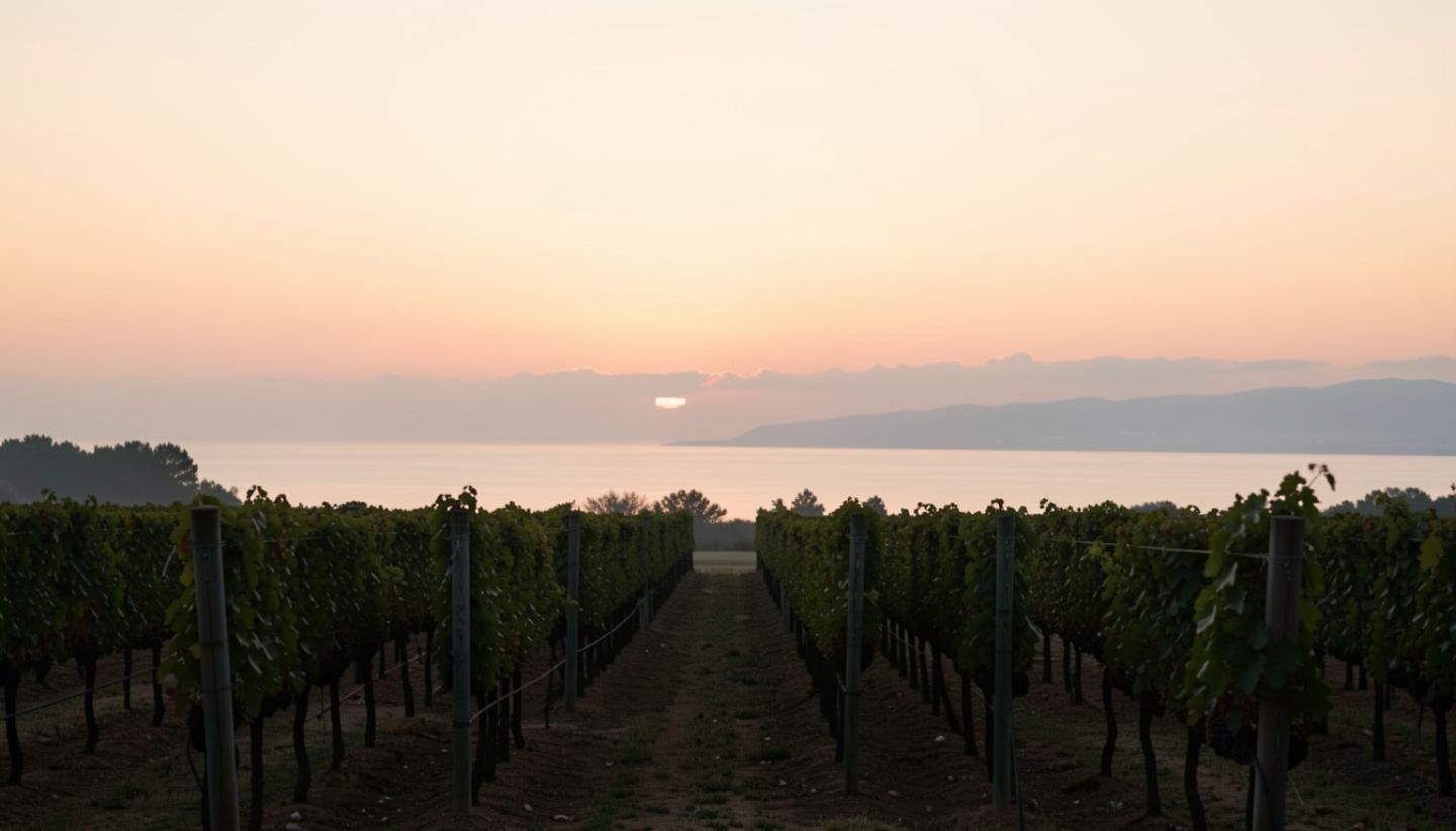 Dusk light over Carneros vineyards in Napa Valley with marine haze and soft golden tones, showing a calm vineyard sunset atmosphere.