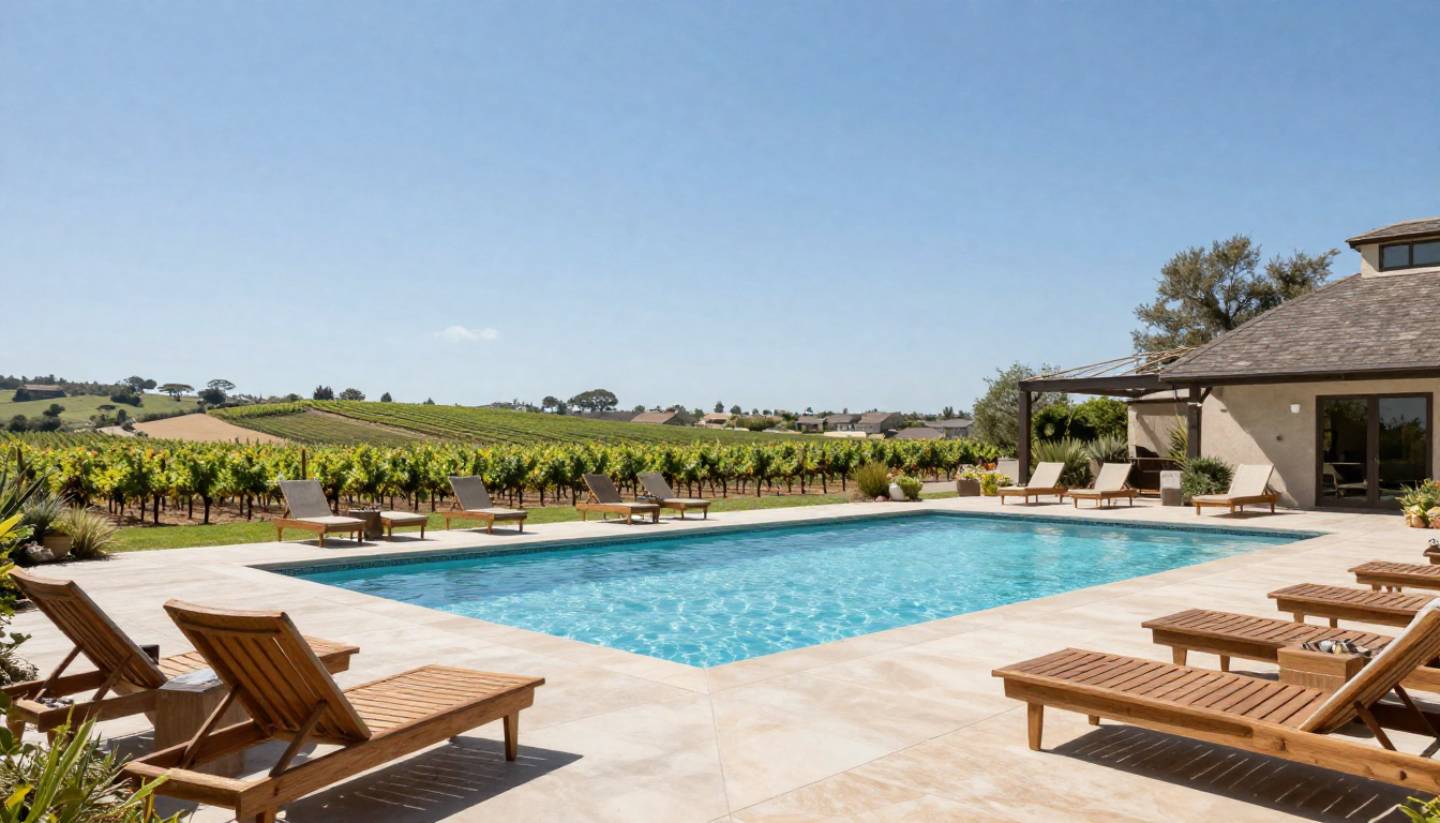 Resort pool in Carneros Napa Valley with lounge chairs and vineyards in the background.