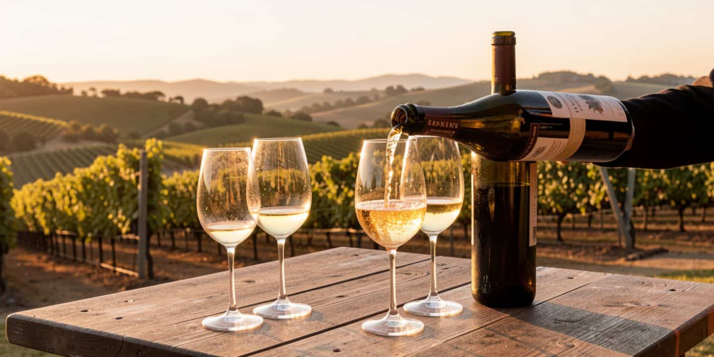  Sparkling wine poured into a flute on a terrace in Carneros Napa Valley at golden hour with vineyard rows and rolling hills in the background.
