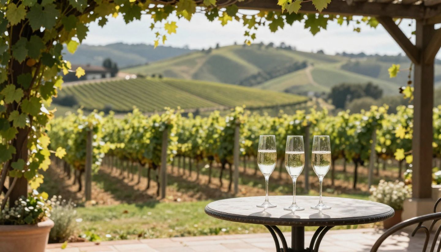 Sparkling wine flutes on a terrace overlooking Carneros vineyards in Napa Valley at sunset, showcasing a romantic seated tasting experience for couples.