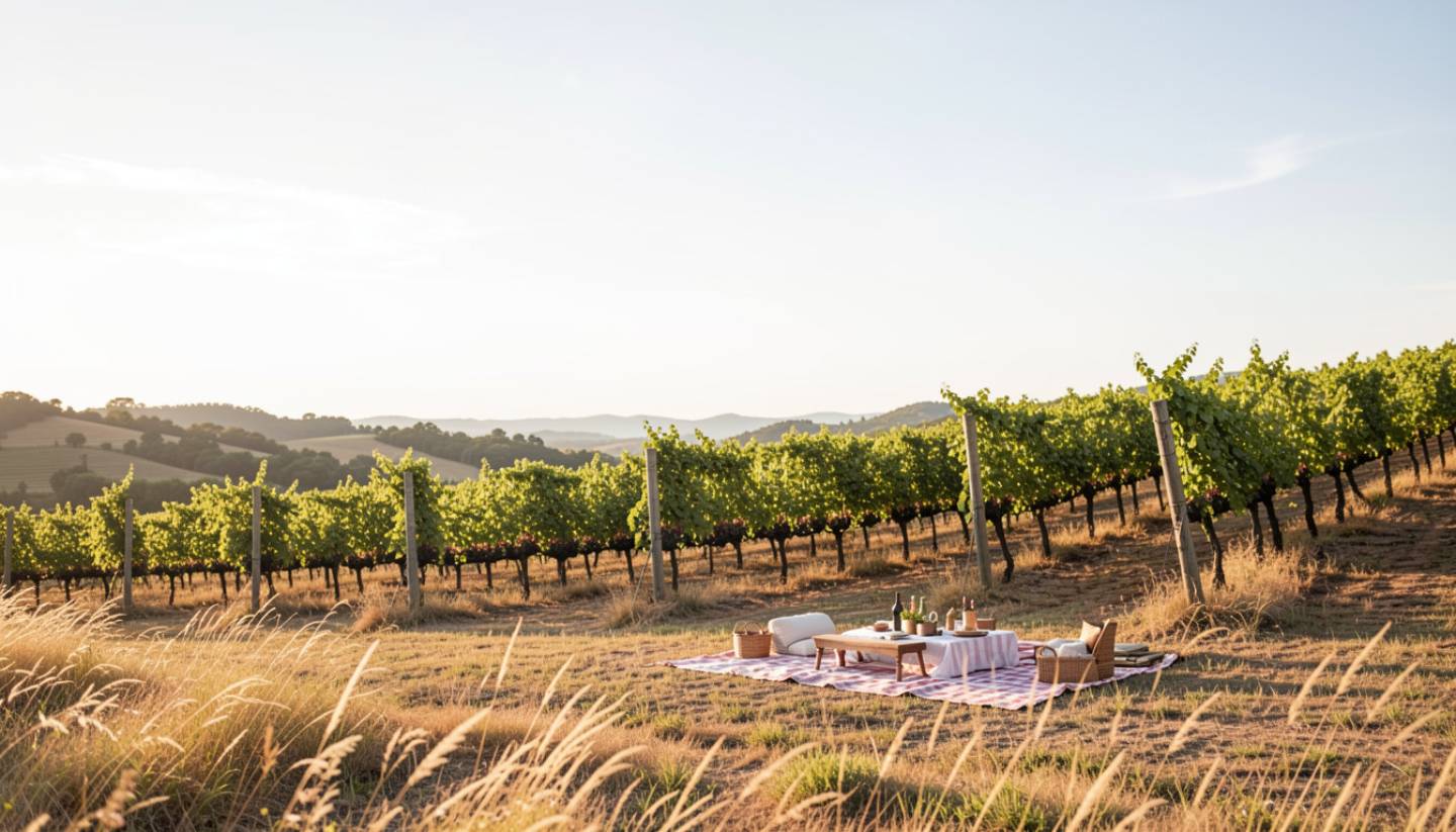 Afternoon picnic in the Carneros region of Napa Valley with rolling vineyards, open sky, and a calm, uncrowded atmosphere.