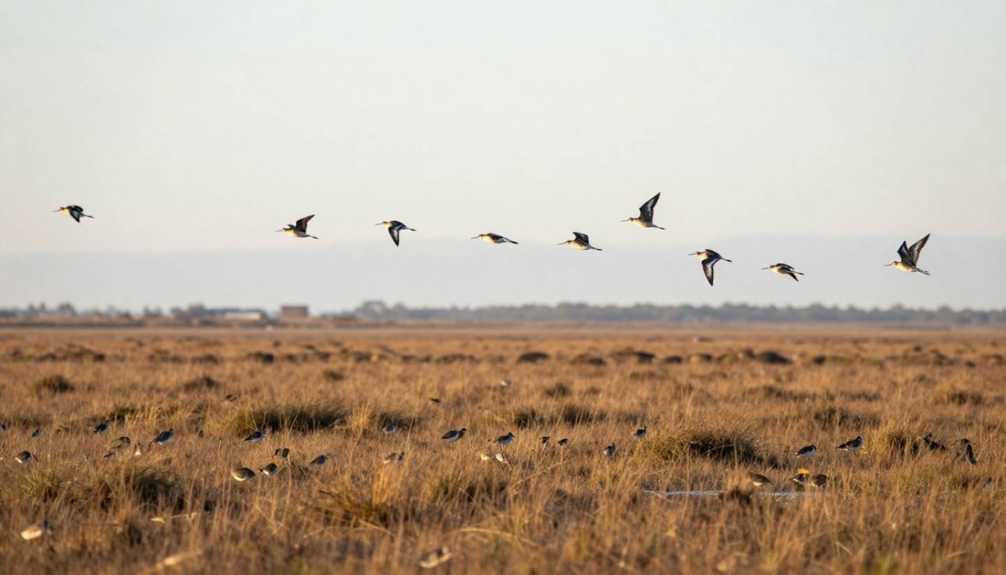 Birds flying over Carneros wetlands in Napa Valley during sunrise, with open water, grasses, and vineyard hills in the distance.
