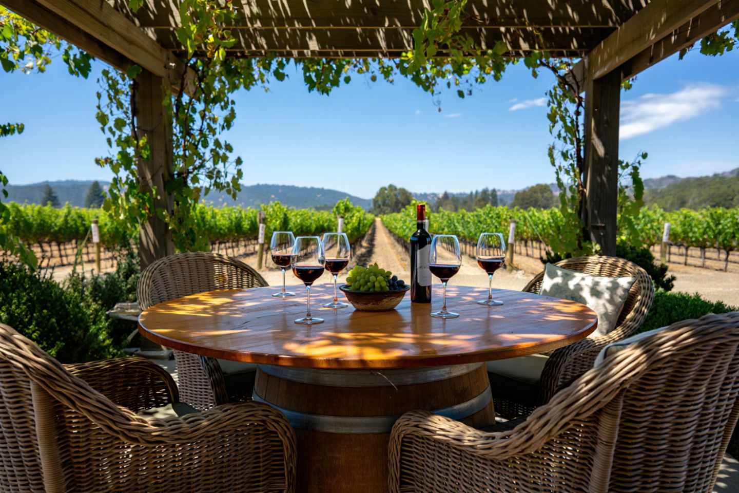 Casual outdoor wine tasting at a Napa Valley winery with shaded seating and vineyard views, suitable for relaxed and affordable visits.