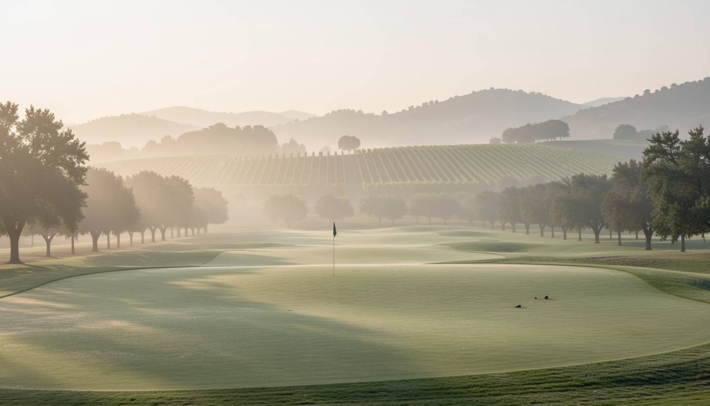 Early morning view of a Napa Valley golf course in Carneros with fog lifting off the fairway and vineyards in the distance.