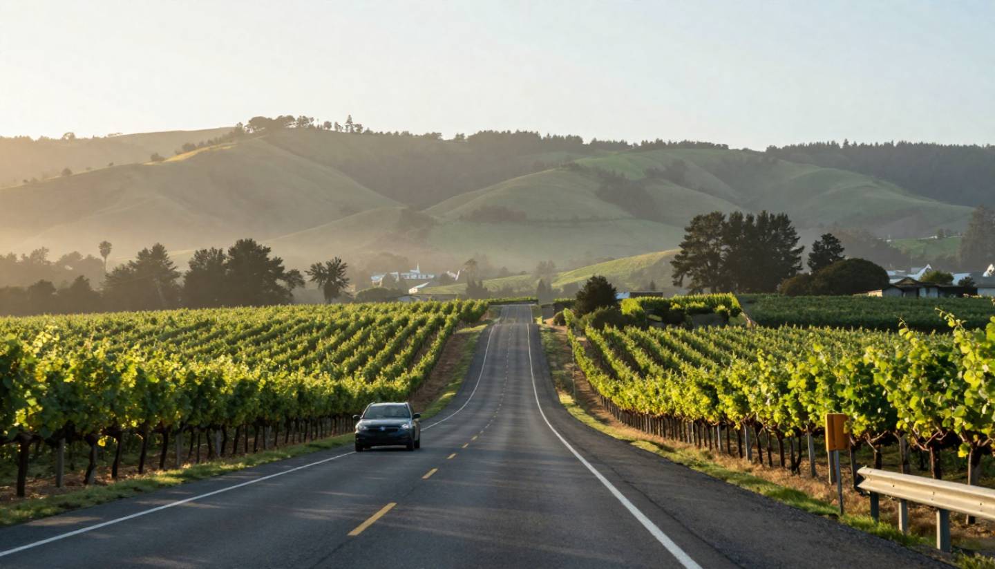 Vineyard rows along the road in southern Napa Valley during an early morning drive from Contra Costa County.