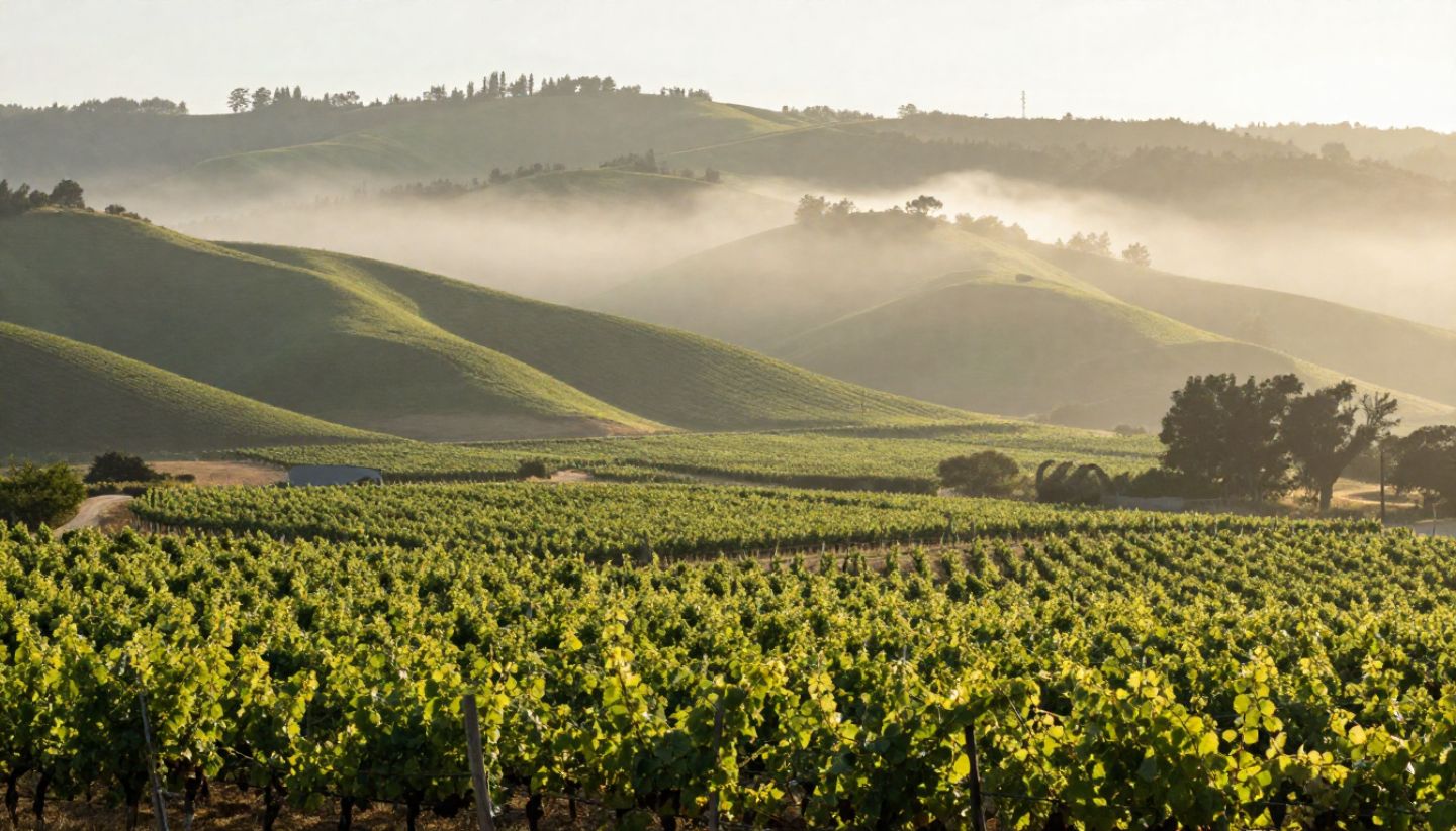  Foggy vineyards in a cool-climate wine region near Napa Valley, illustrating contrast in landscape and growing conditions.