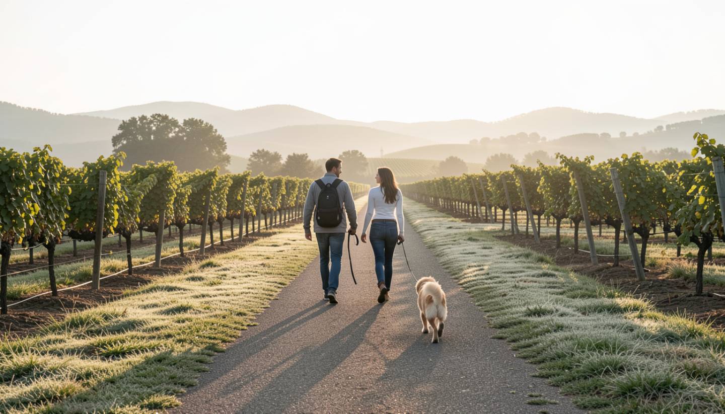Dog on leash walking along a quiet vineyard path in Napa Valley during early morning light, showing a calm pet-friendly travel experience from Marin County.