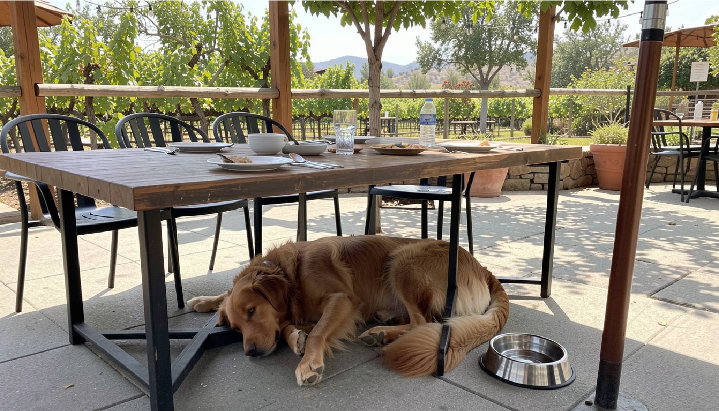 Dog resting under a patio table at a Napa Valley restaurant during an outdoor lunch, showing relaxed and pet friendly dining.