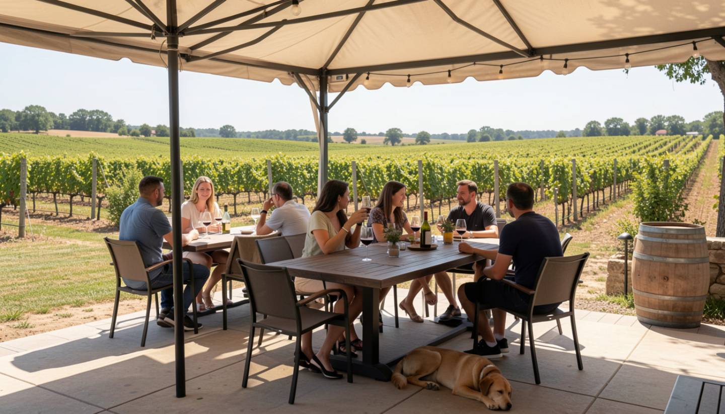 Leashed dog resting beside a table on an outdoor winery patio in Napa Valley with vineyard views and relaxed seating.