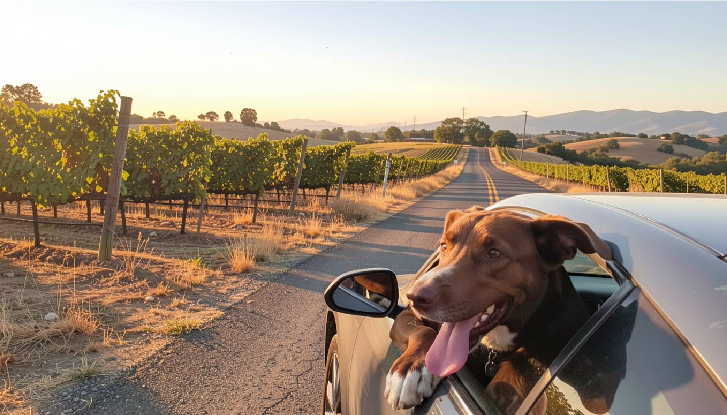 Dog enjoying a scenic drive along Silverado Trail in Napa Valley with vineyards and open road, illustrating calm dog friendly travel.