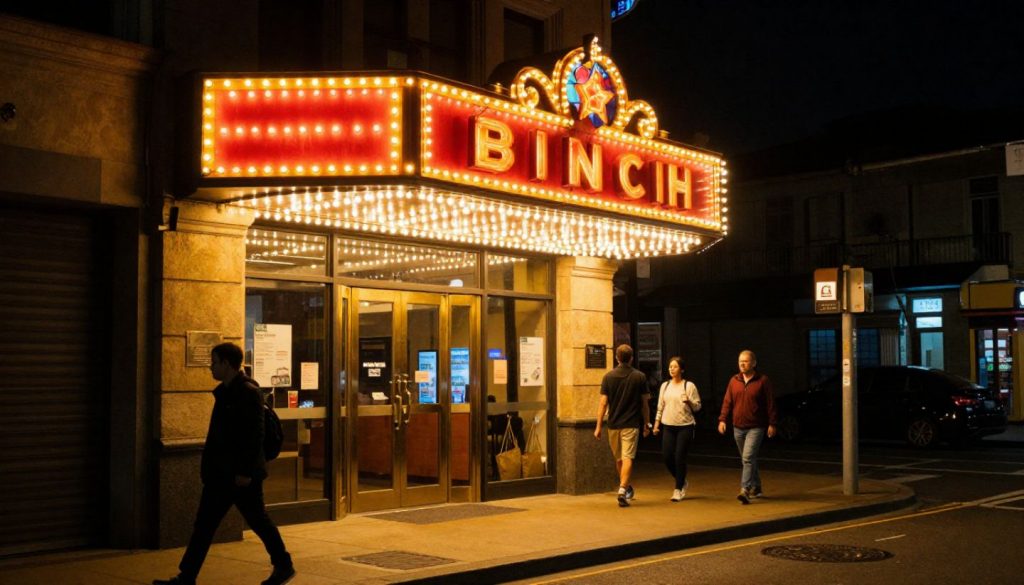 “Evening view of a live music venue in Downtown Napa with warm lights, people arriving for a concert, and a lively nighttime atmosphere.”