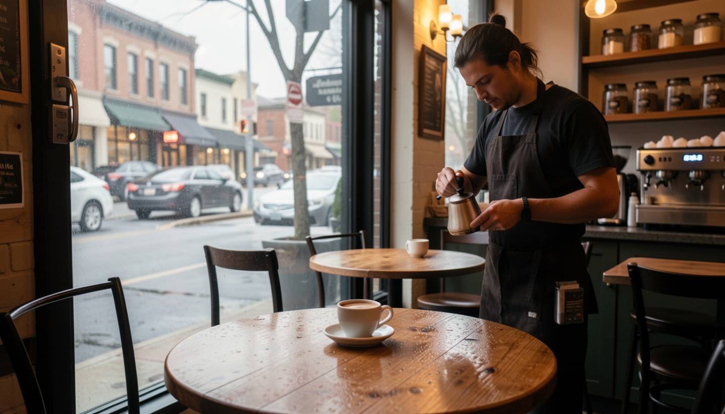 Freshly brewed coffee on a table outside a Downtown Napa café during early morning hours with empty streets and soft morning light.