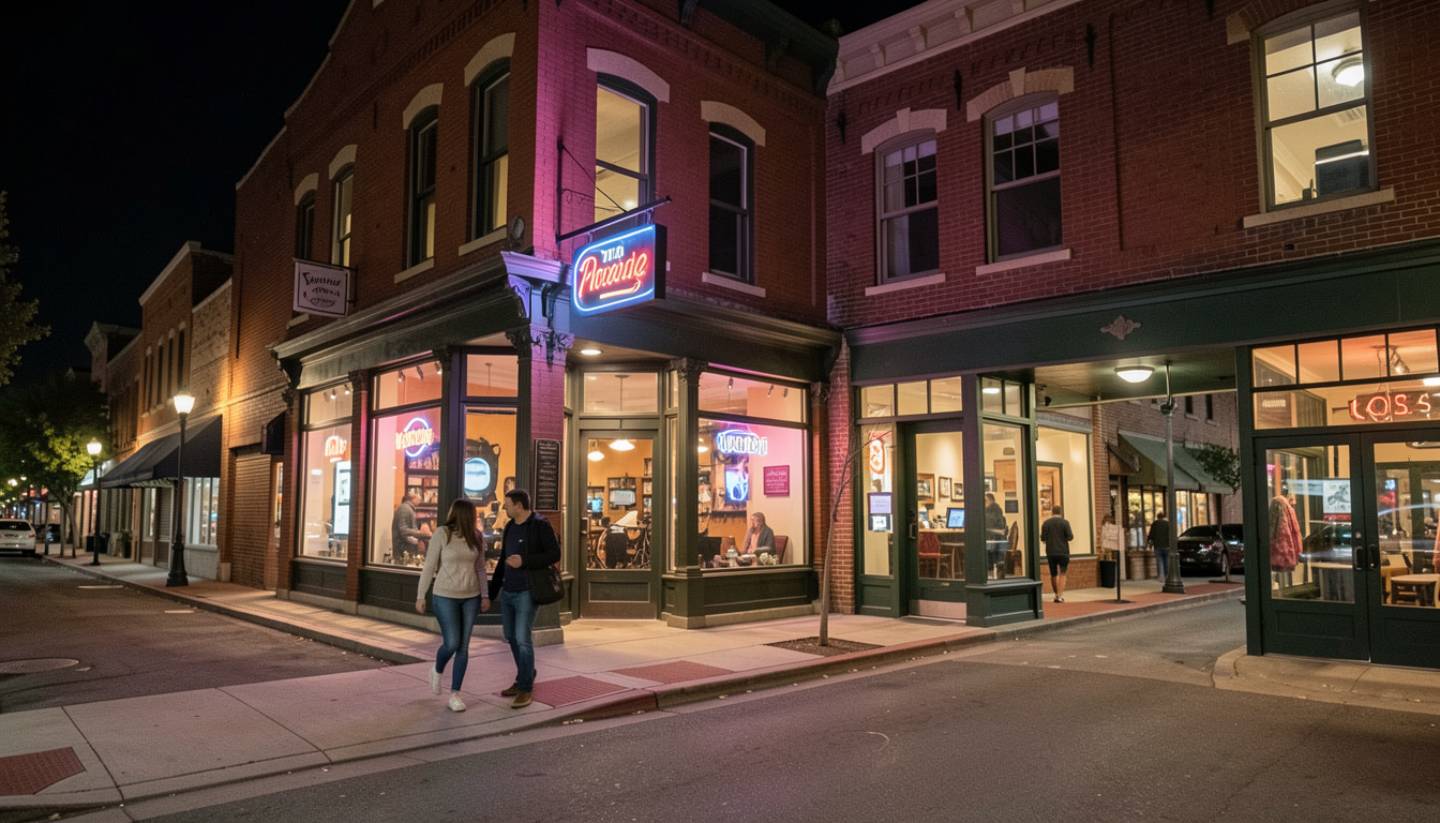Quiet Downtown Napa street at night with warm lights, historic buildings, and people walking toward an evening jazz venue