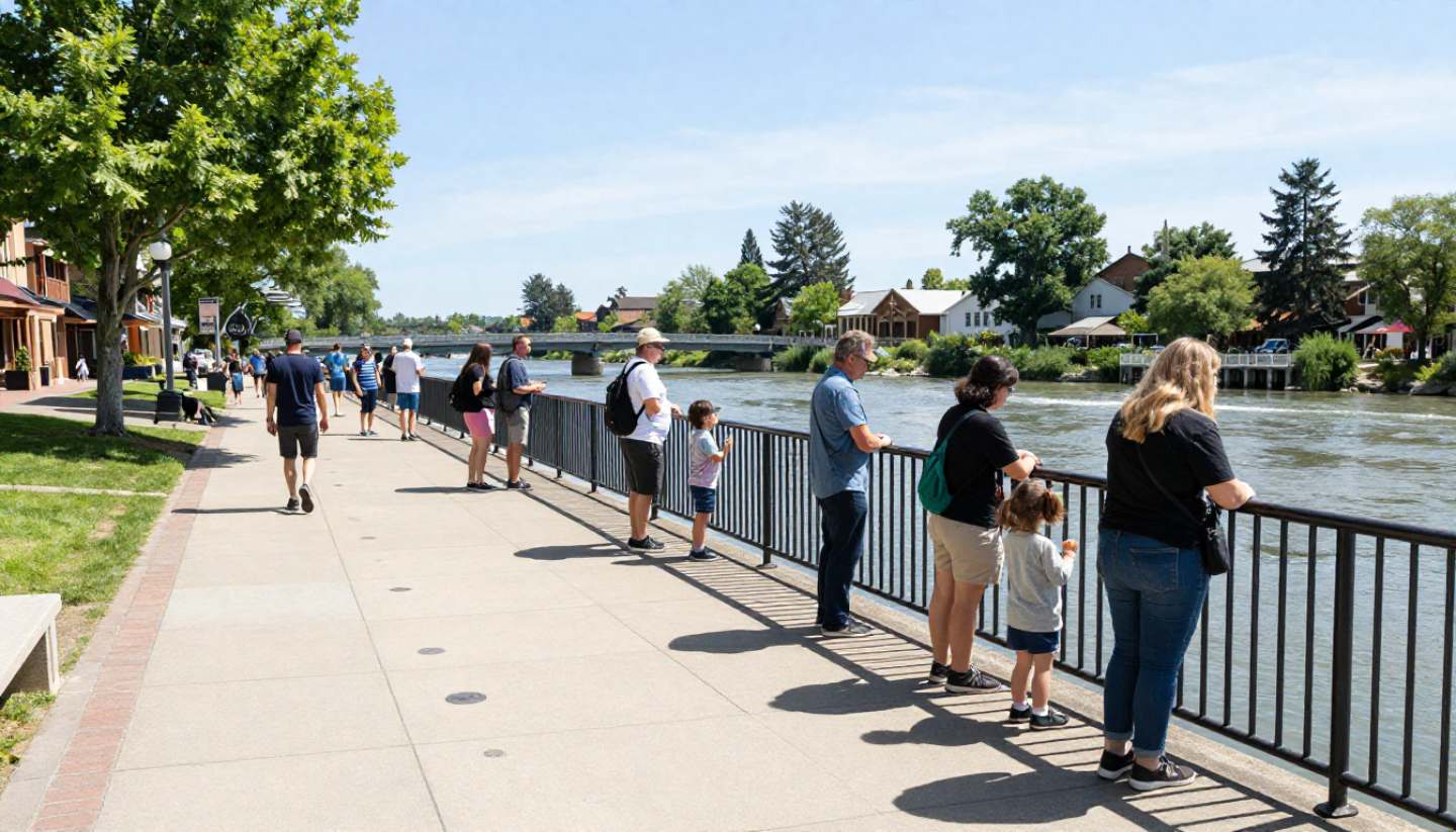 Families walking along the Napa Riverfront in Downtown Napa with open walkways and water views.