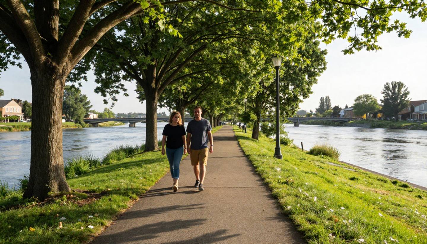 People walking along the Napa Riverfront Trail in downtown Napa with trees and water, highlighting a free outdoor activity in Napa Valley.