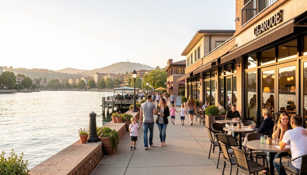 Pedestrian friendly riverfront in downtown Napa with tasting rooms and cafes, suitable for exploring Napa Valley without a car.