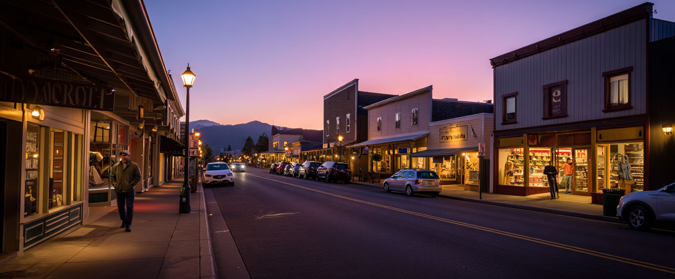 Quiet evening street in downtown St. Helena with soft lighting and local storefronts.
