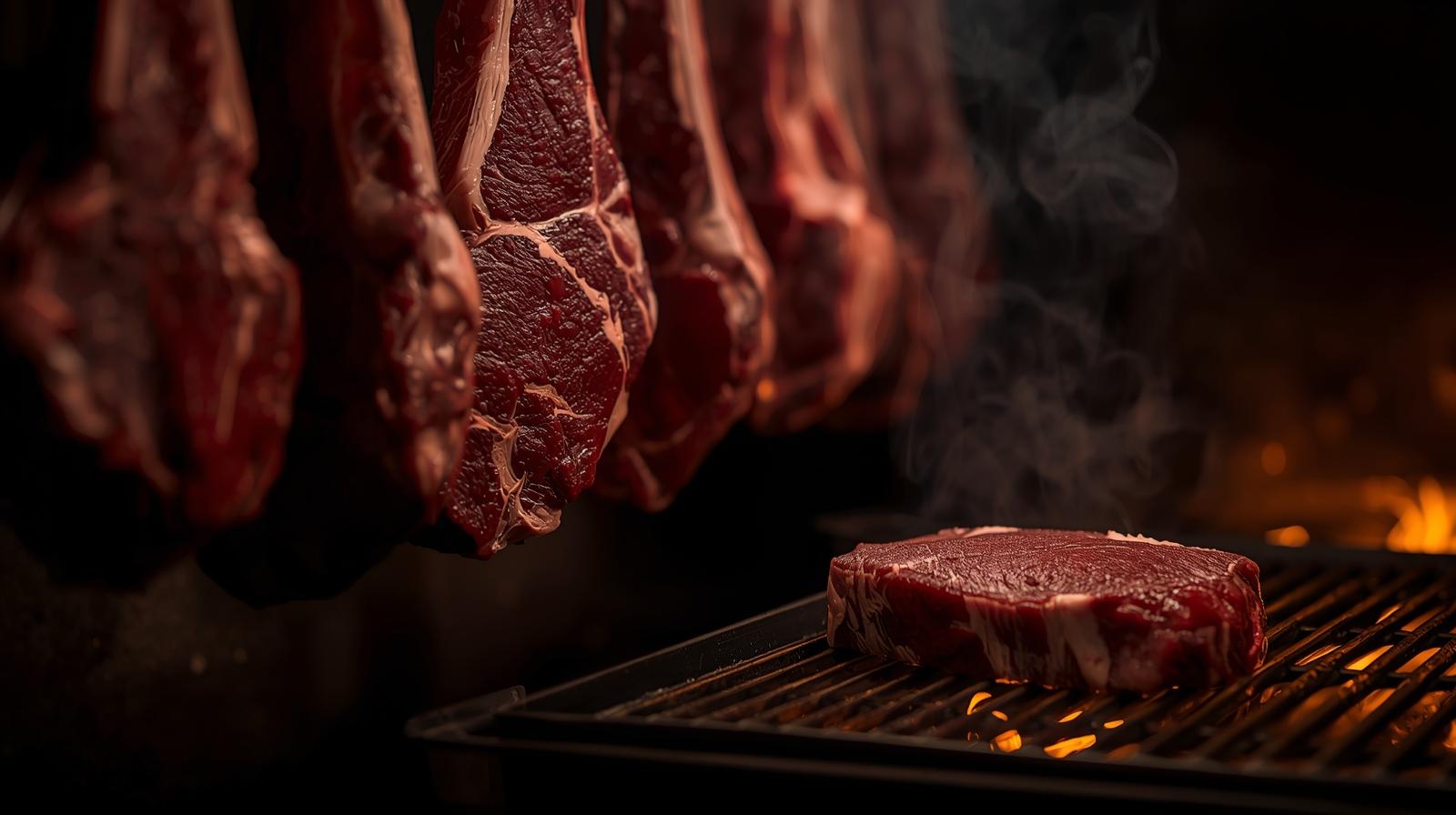  Dry aged steaks prepared near a live fire grill inside a Napa Valley chop house.