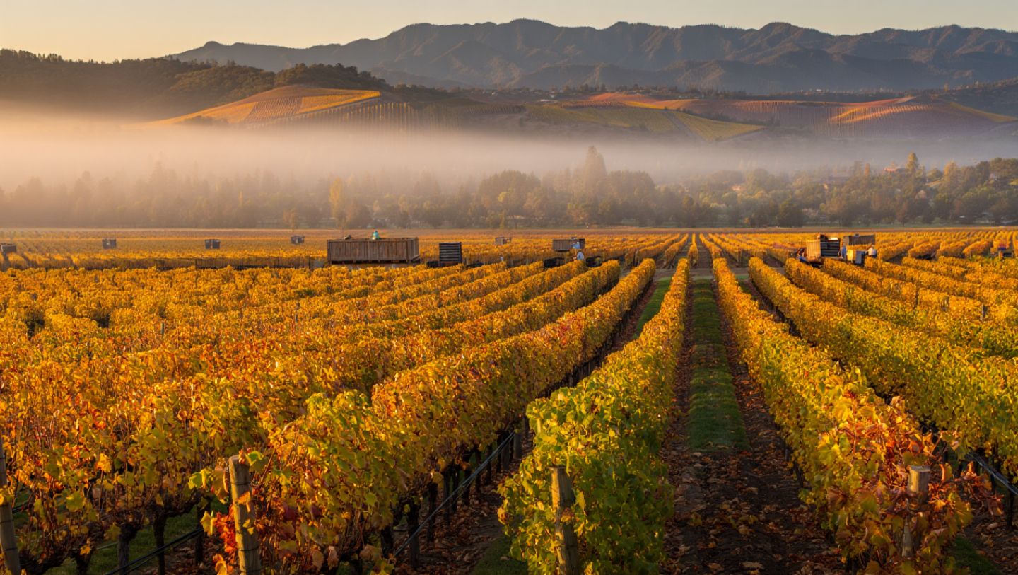 Fall harvest scene in Napa Valley with vineyard rows glowing in golden afternoon light and fog lifting from the valley floor.