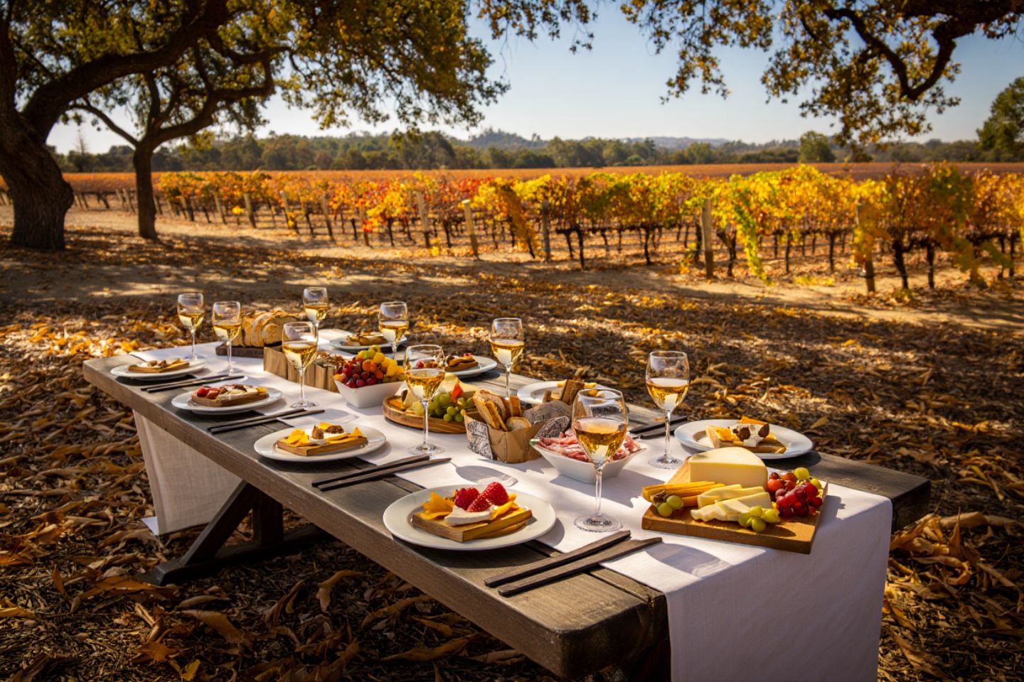 Outdoor fall lunch in Napa Valley with seasonal food, wine glasses, and vineyard views during harvest season.