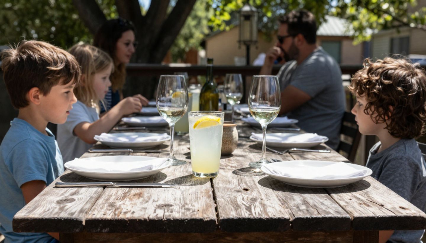 Family-friendly outdoor dining in Napa Valley with casual food, shaded seating, and a relaxed atmosphere suitable for kids.