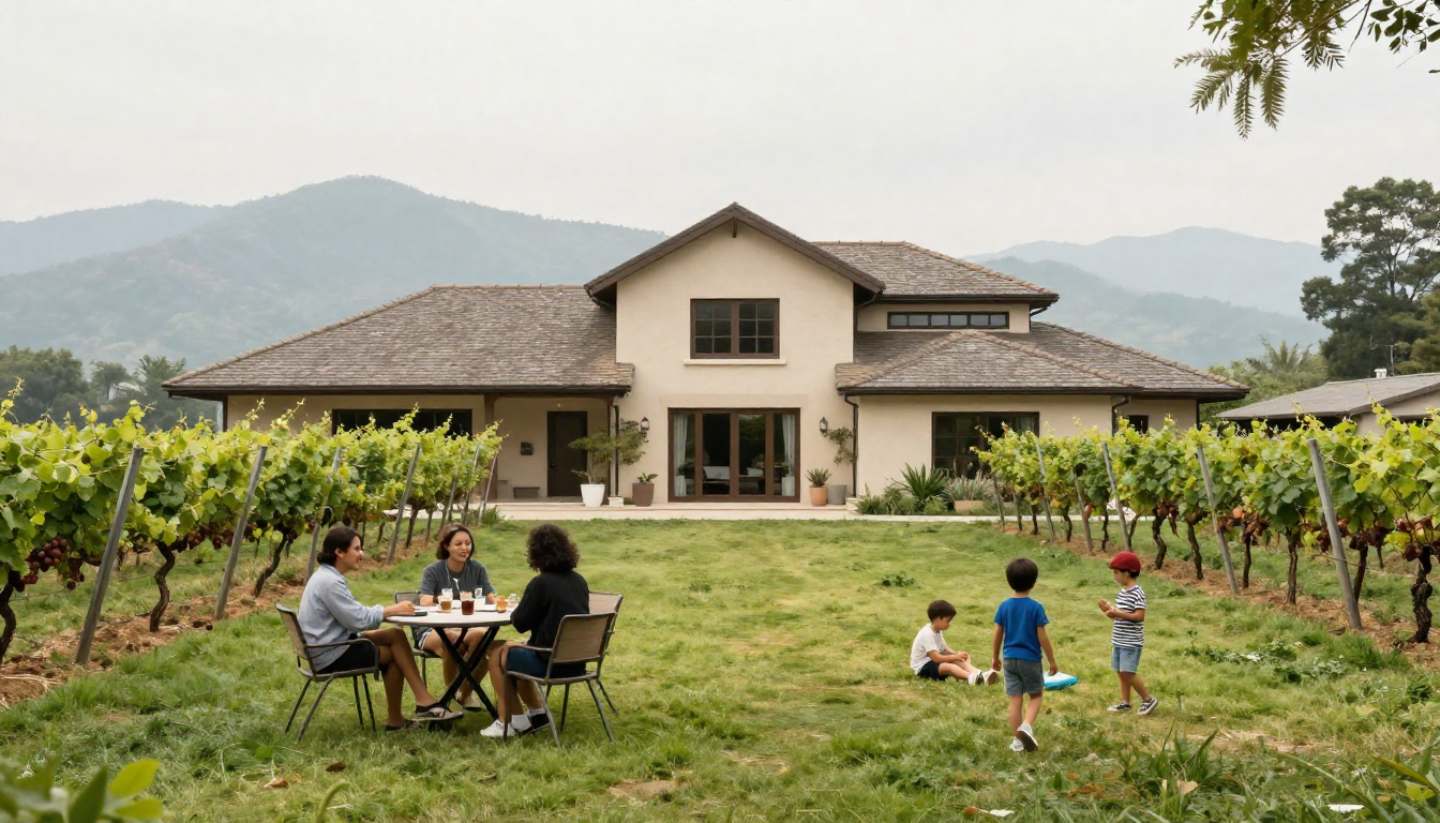 Outdoor winery lawn in Napa Valley with vineyard views where adults sit casually and children move freely nearby.