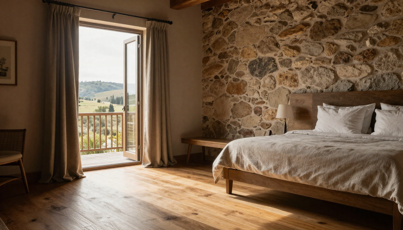 Interior of a Napa Valley boutique hotel room with natural light, wood textures, and a calm, understated design.