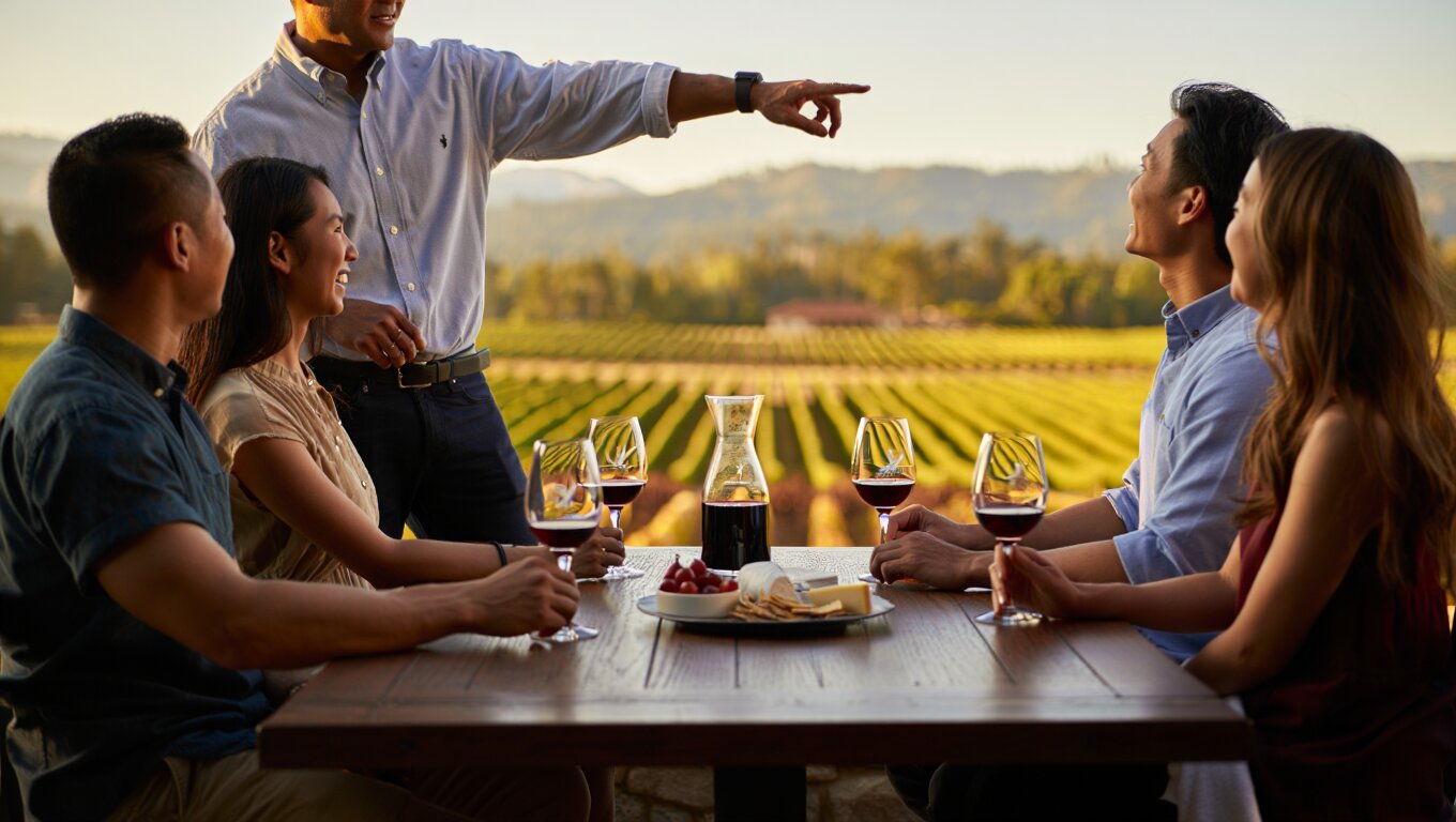 Guests enjoying a guided wine tasting at an outdoor Napa Valley winery with vineyard views and wine glasses on the table.