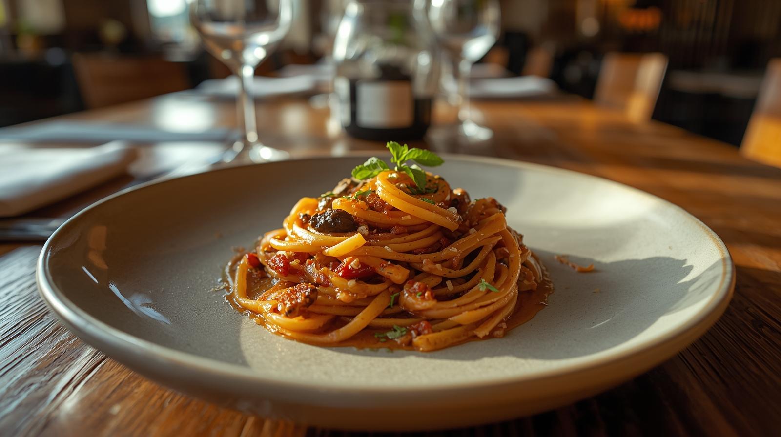 Handmade pasta served inside a rustic Italian restaurant in Napa Valley with simple table settings.