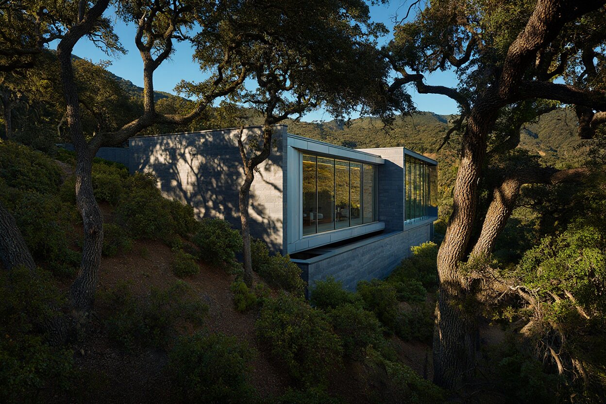 The Hess Collection Art Museum on Mount Veeder in Napa Valley surrounded by oak trees and hillside landscape.