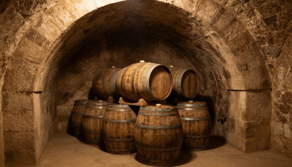 Historic stone wine cellar in Napa Valley with stacked French oak barrels used for aging Cabernet Sauvignon, warm ambient lighting, and textured stone walls suggesting long term wine maturation.