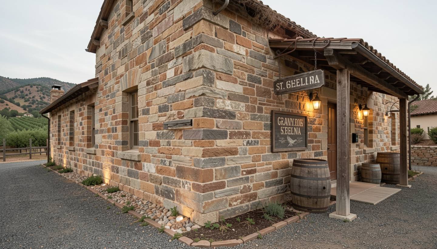 Historic stone winery building in St. Helena, Napa Valley, showing early gravity flow architecture from the region’s wine history.
