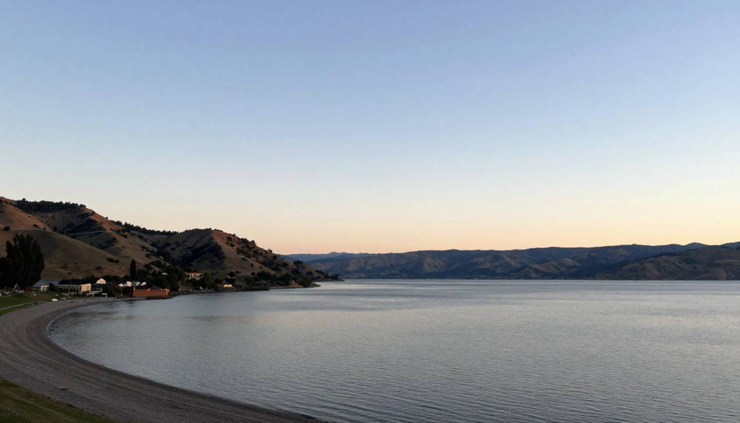 Wide view of Lake Berryessa from the Pope Valley side, showing a quiet shoreline, open sky, and calm reflective water