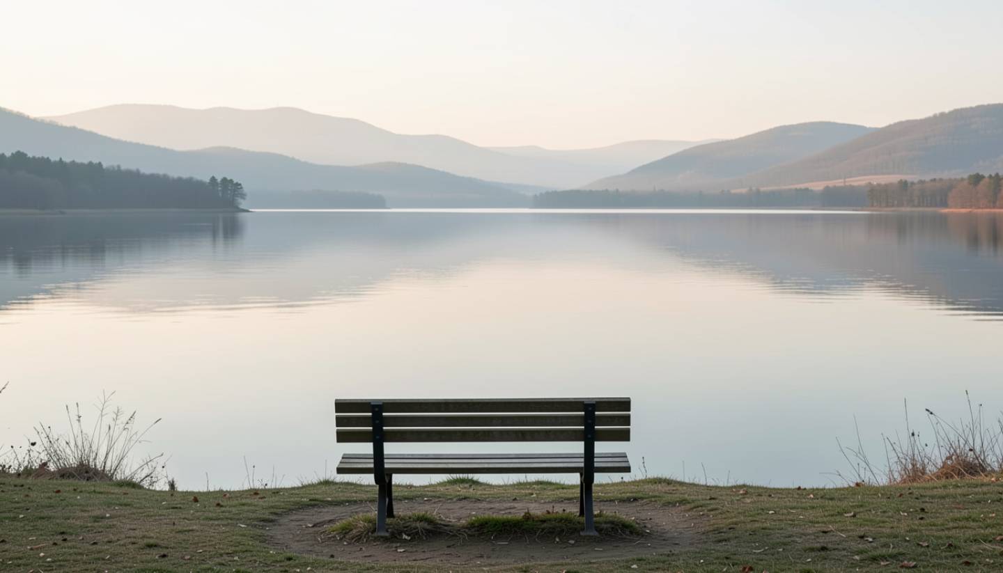 A quiet lakeside bench overlooking still water at Lake Hennessey in Napa Valley, designed for reflection and silence