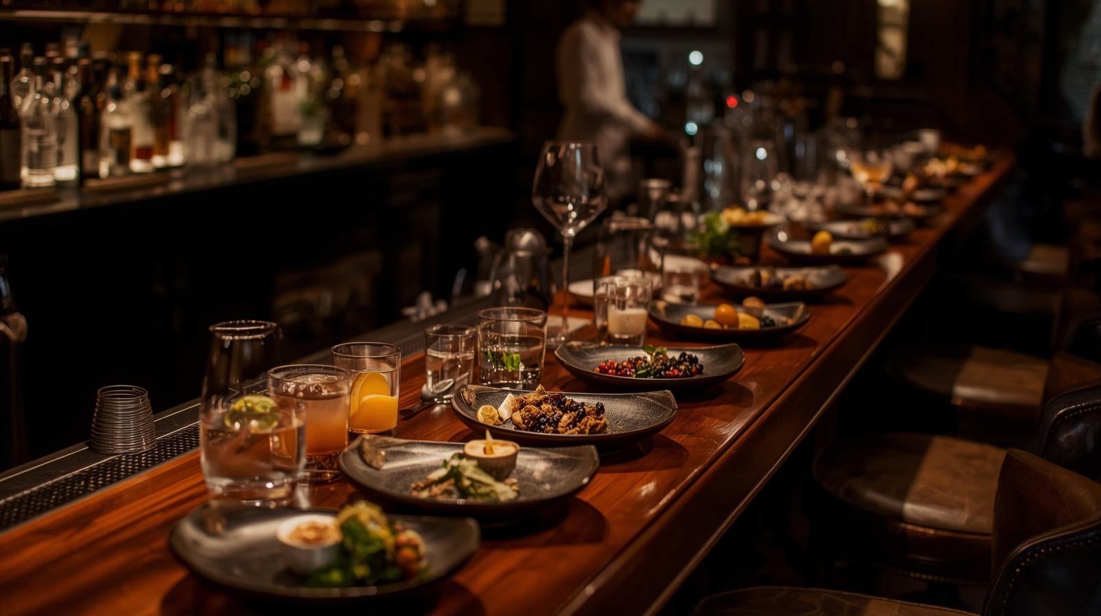 Small plates and drinks on a bar counter during late night dining in downtown Napa Valley.