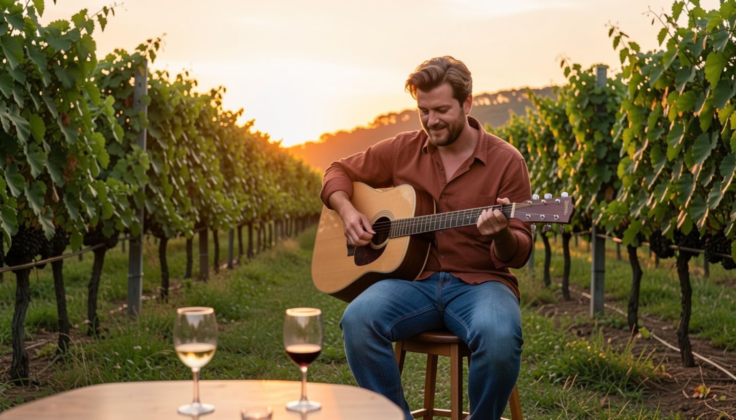 “Musician performing live on an outdoor stage at a Napa Valley winery, with wine glasses and vineyard rows visible in the background.”