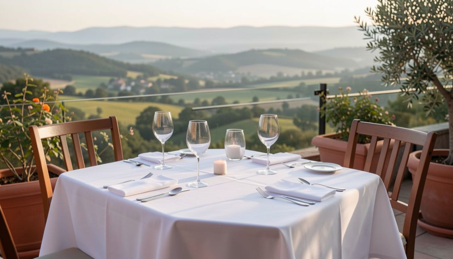 Luxury outdoor lunch in Napa Valley with vineyard views, white tablecloth dining, and relaxed afternoon atmosphere.