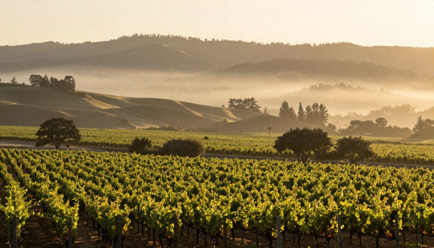 Morning fog lifting over Napa Valley vineyards with open landscape and soft light, representing a calm and affordable wine country experience.