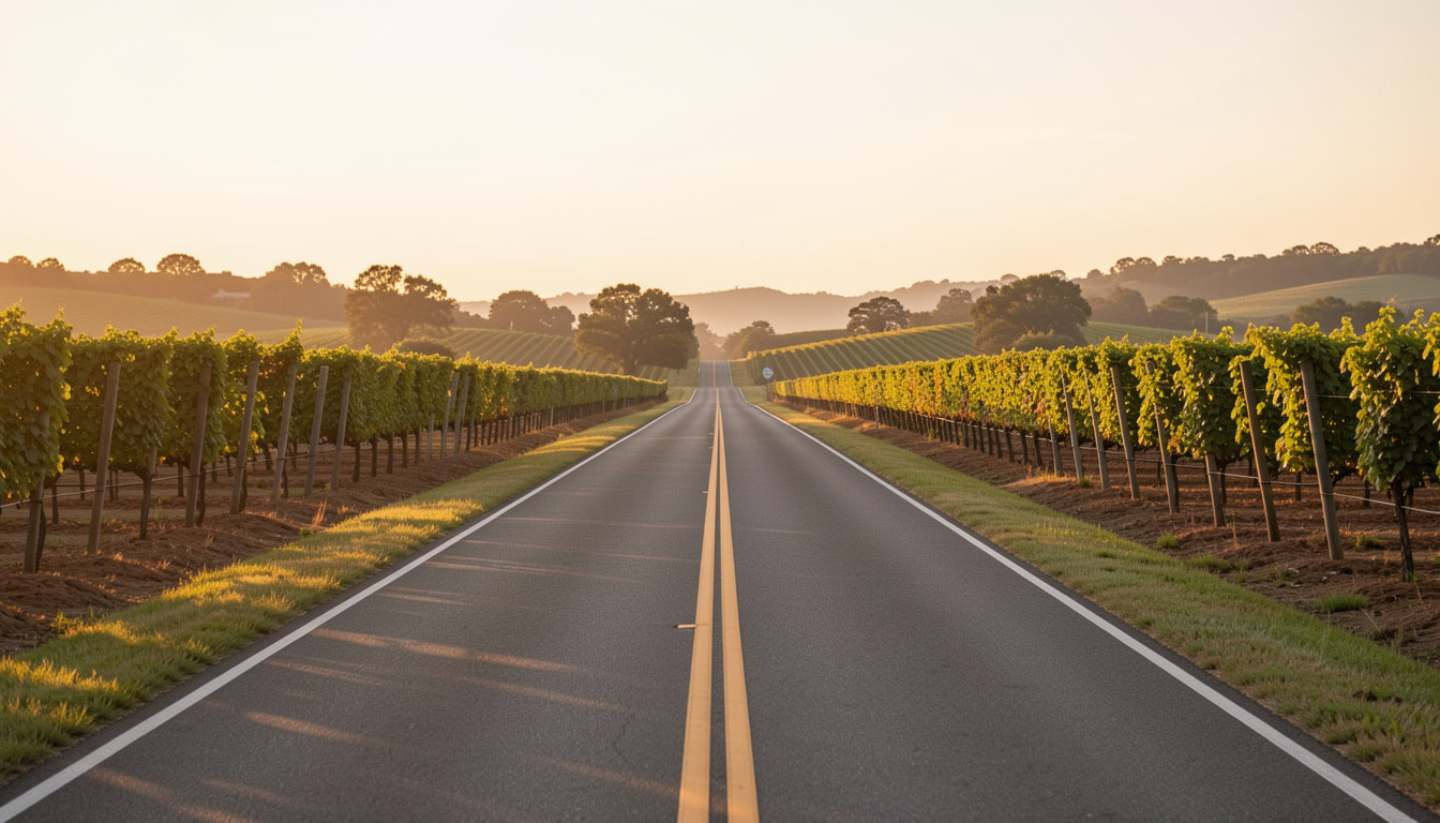 Quiet sunset drive from Marin County into Napa Valley with vineyard rows and warm evening light.